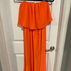 Vivid Strapless Slit Maxi Dress - Bright Orange - Large